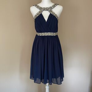 Akira Chicago Size M Navy Blue Beaded Halter Dress Gathered Skirt Knee-Length